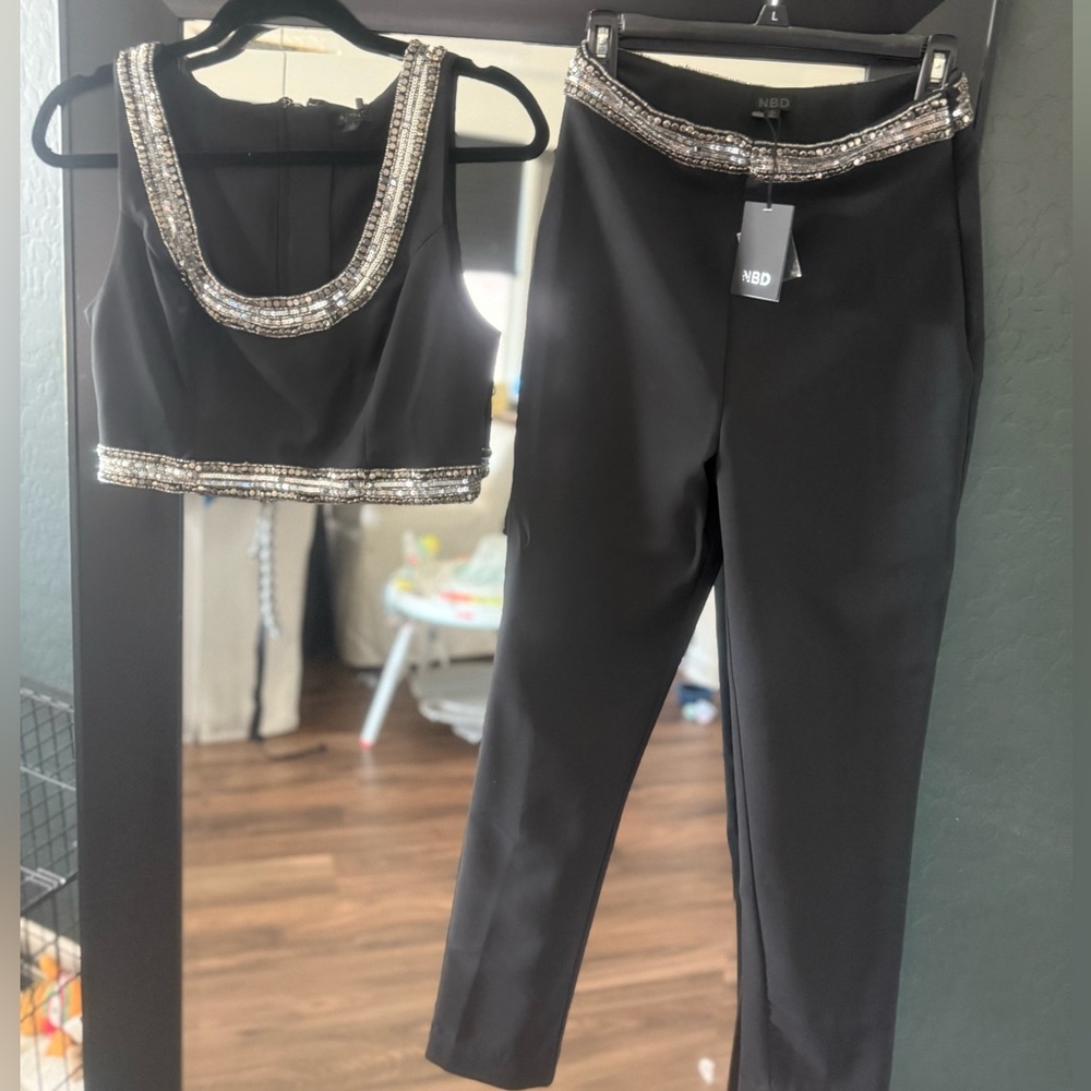NBD black bedazzled crop top & pant set. size small. New with tags!